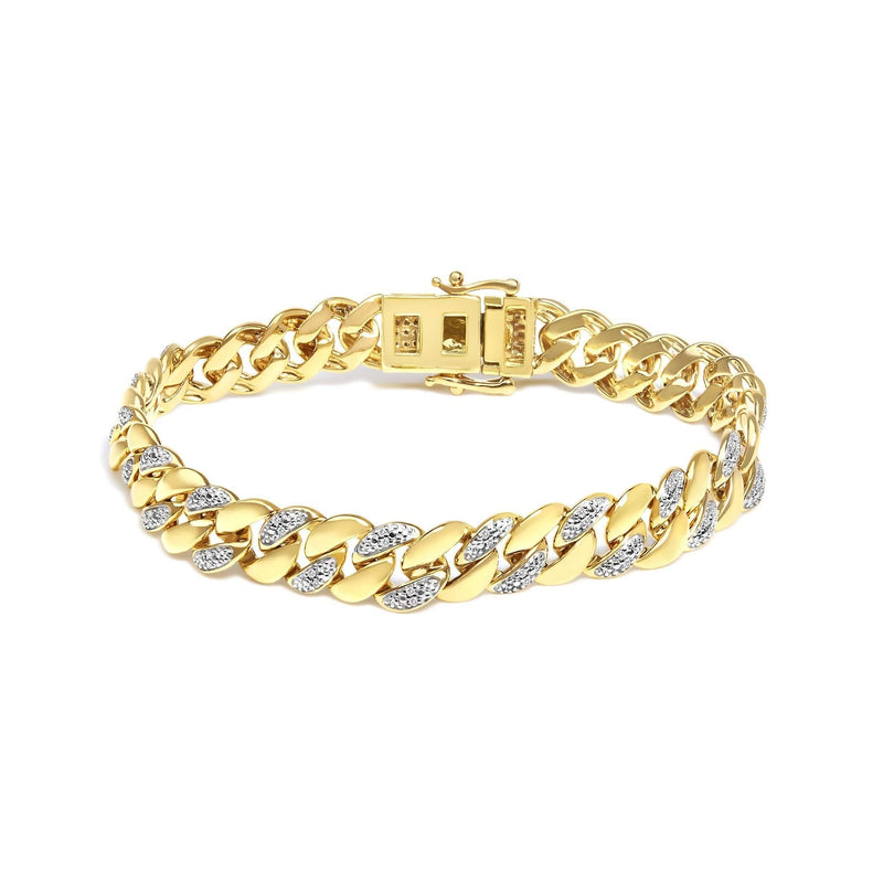 14K Yellow Gold Plated .925 Sterling Silver 3/8 Cttw Diamond Cuban Bracelet (I-J Color, I3 Clarity) - 7.25 14K yellow gold Cuban bracelet with round diamond stones along the links