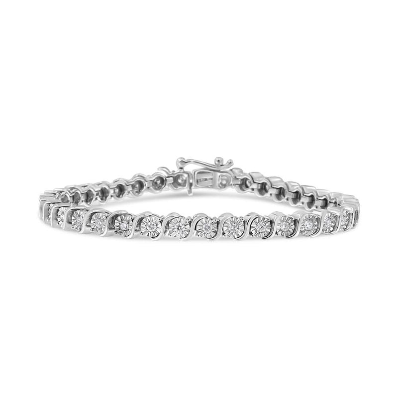 14K White Gold 1.00 Cttw Lab Grown Diamond Round Miracle Plate and 14K white gold tennis bracelet with round diamond stones in miracle plate settings