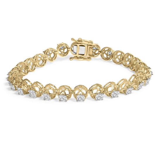 14K yellow gold tennis bracelet with round diamond stones in buttercup settings