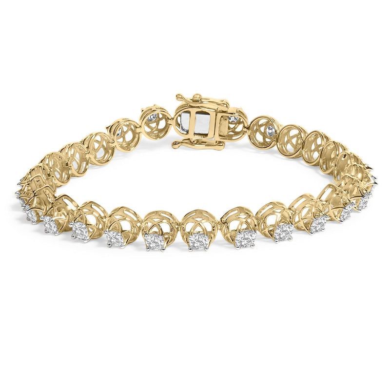14K Yellow Gold Plated .925 Sterling Silver 3 9/10 Cttw Diamond Buttercup Style Tennis Bracelet 14K yellow gold tennis bracelet with round diamond stones in buttercup settings