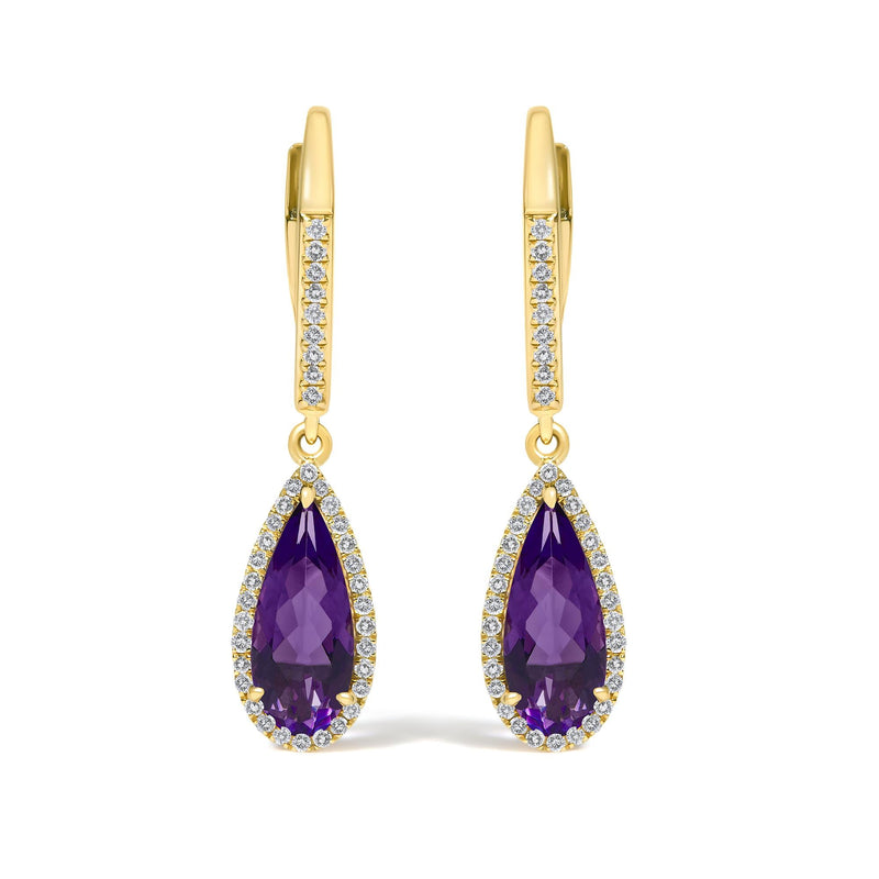 10K Yellow Gold Pear-Shaped Purple Amethyst and 1/3 Cttw Diamond Halo Leverback Drop Earrings