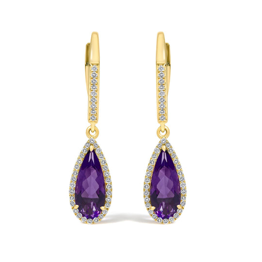 10K Yellow Gold Pear-Shaped Purple Amethyst and 1/3 Cttw Diamond Halo Leverback Drop Earrings
