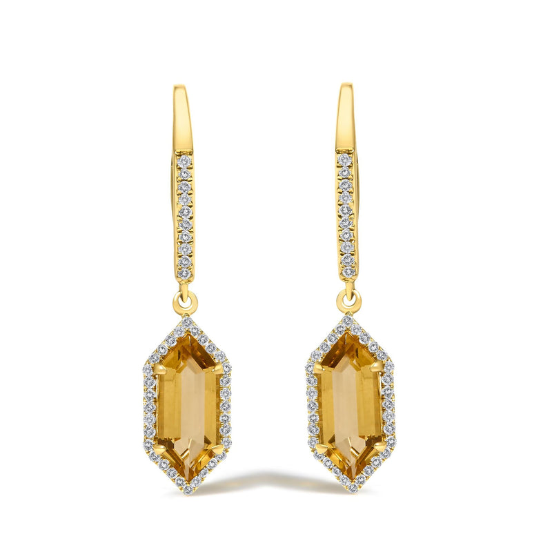 10K Yellow Gold Hexagon Citrine and 1/3 Cttw Diamond Halo Leverback Drop Earrings