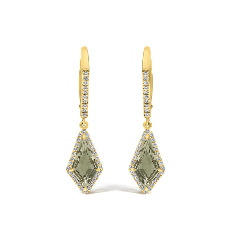 10K Yellow Gold Kite-Shaped Green Prasiolite and 1/3 Cttw Diamond Halo Drop Earrings