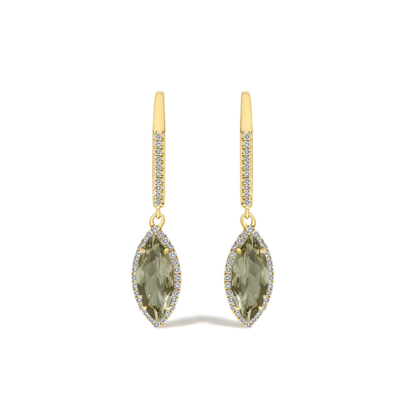 10K Yellow Gold Marquise Green Prasiolite and 1/3 Cttw Diamond Halo Leverback Drop Earrings