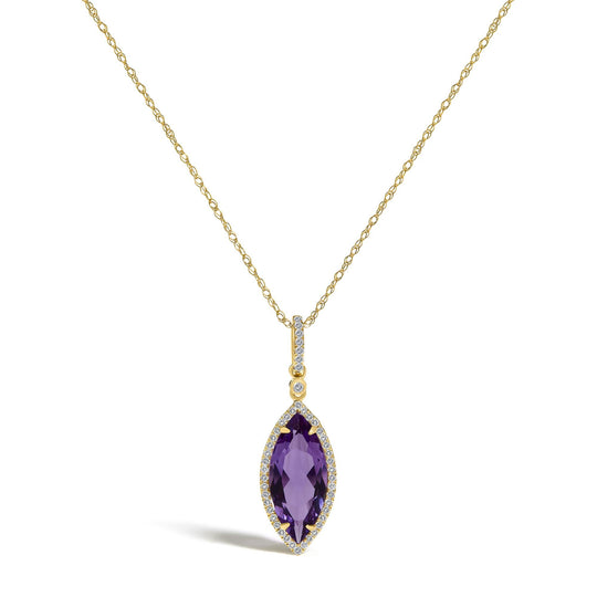 10K Yellow Gold Marquise Purple Amethyst and 1/5 Cttw Diamond Halo Pendant Necklace