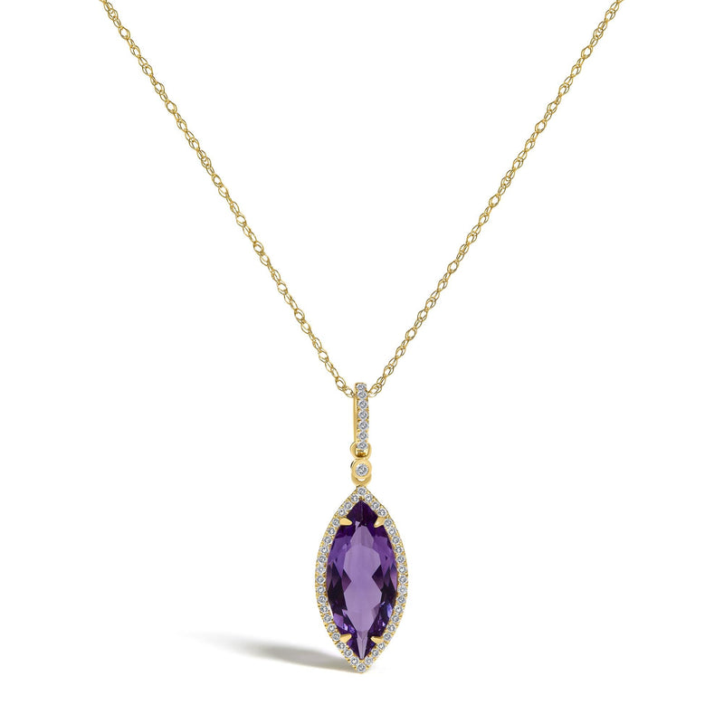 10K Yellow Gold Marquise Purple Amethyst and 1/5 Cttw Diamond Halo Pendant Necklace