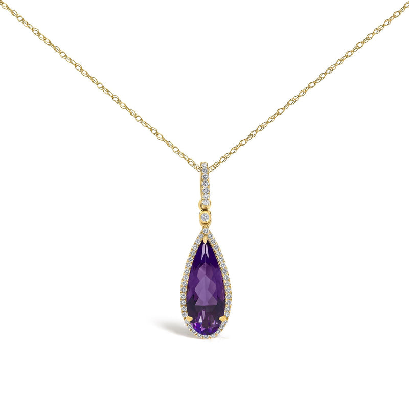 10K Yellow Gold Pear-Cut Purple Amethyst and 1/5 Cttw Diamond Halo Pendant Necklace