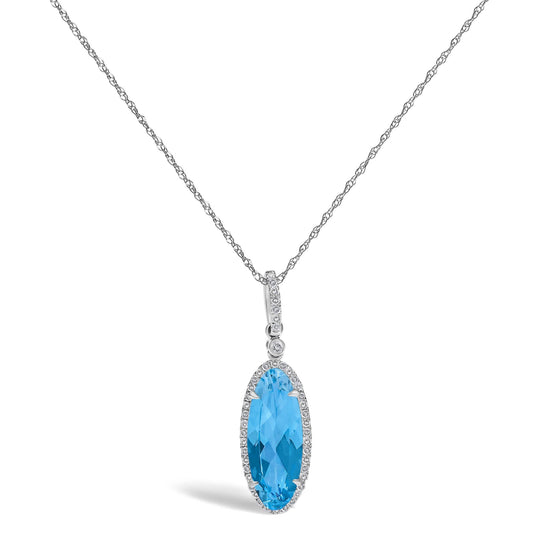 10K White Gold Blue Topaz Oval 1/5 Cttw Diamond Pendant Necklace