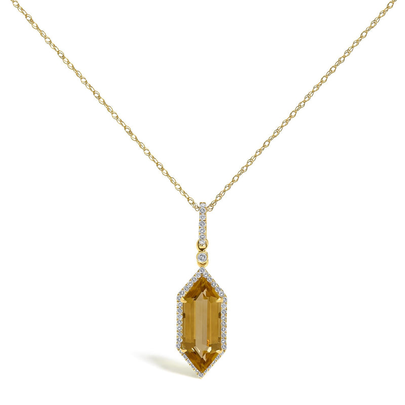 10K Yellow Gold Elongated Hexagon Citrine and 1/5 Cttw Diamond Halo Pendant Necklace