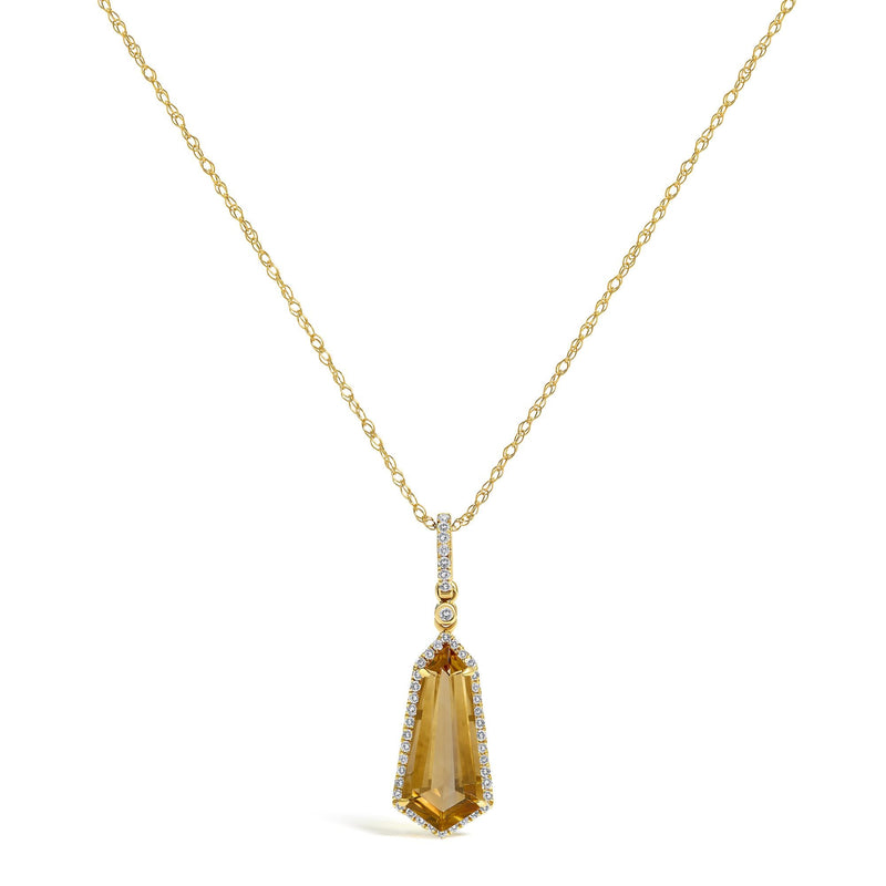10K Yellow Gold Shield-Shaped Citrine and 1/5 Cttw Diamond Halo Pendant Necklace