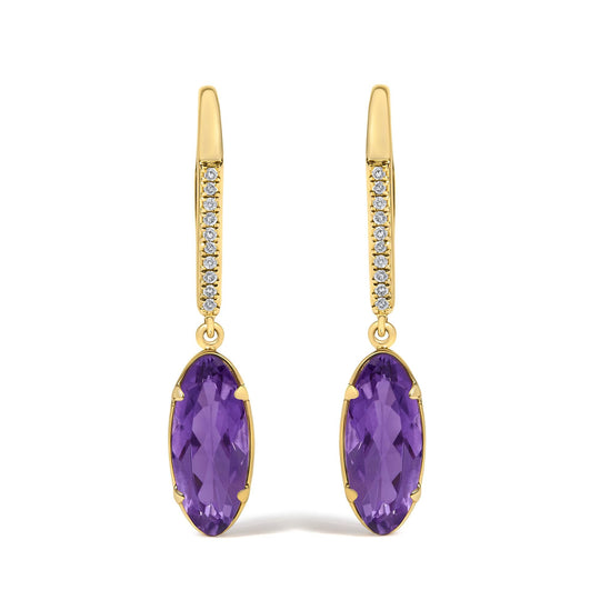 10K Yellow Gold Oval Purple Amethyst and 1/10 Cttw Diamond Leverback Drop Earrings