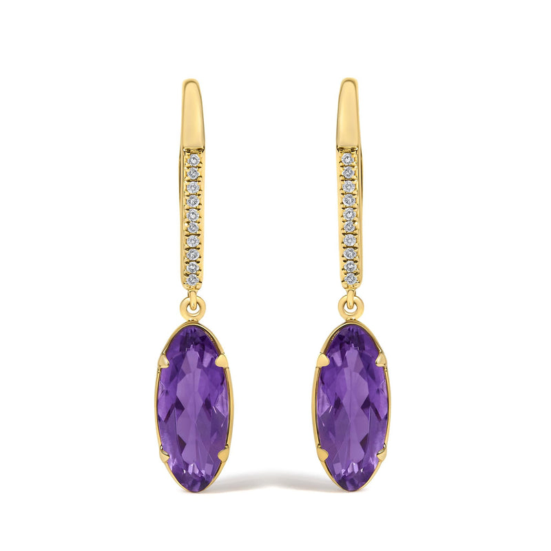 10K Yellow Gold Oval Purple Amethyst and 1/10 Cttw Diamond Leverback Drop Earrings