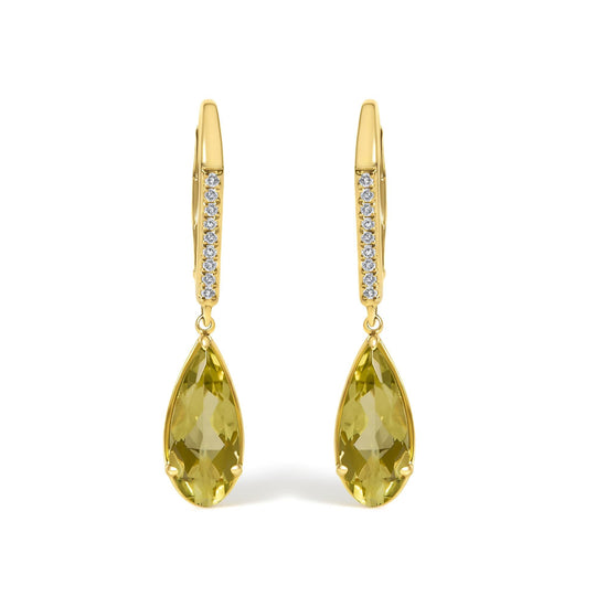10K Yellow Gold Pear-Shaped Lemon Quartz and 1/10 Cttw Diamond Leverback Drop Earrings