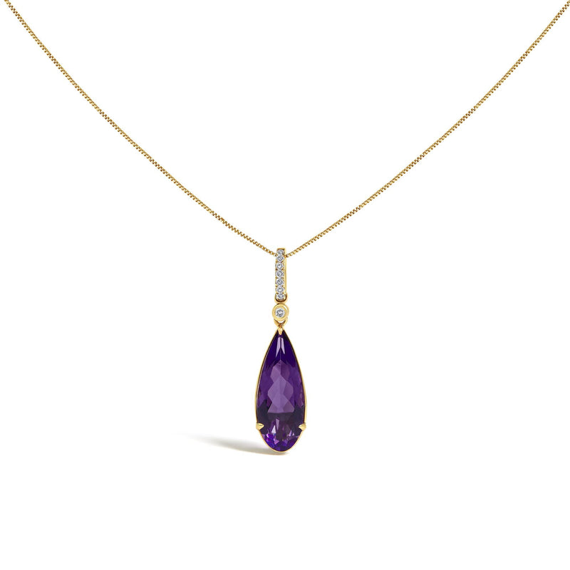 10K Yellow Gold Pear-Shaped Purple Amethyst and Diamond Accent Drop Pendant Necklace