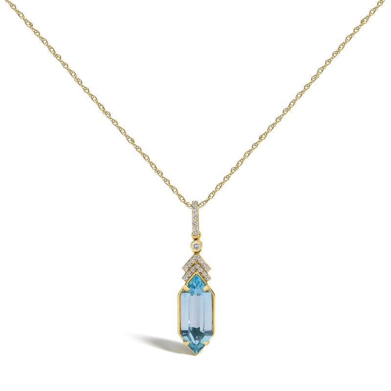 10K Yellow Gold Hexagon Blue Topaz and 1/10 Cttw Diamond Chevron Pendant Necklace
