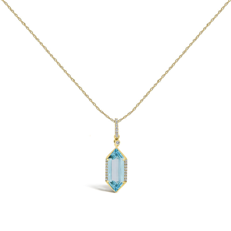 10K Yellow Gold Elongated Hexagon Blue Topaz and 0.114 Cttw Diamond Pendant Necklace