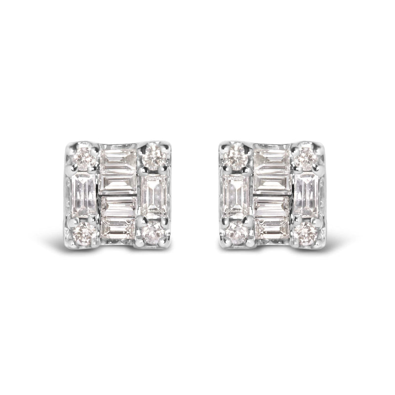 10K White Gold 1/7 Cttw Round and Baguette Diamond Mosaic Square Stud Earrings (H-I Color, I1-I2 Clarity) 10K white gold stud earrings with round and baguette diamond stones