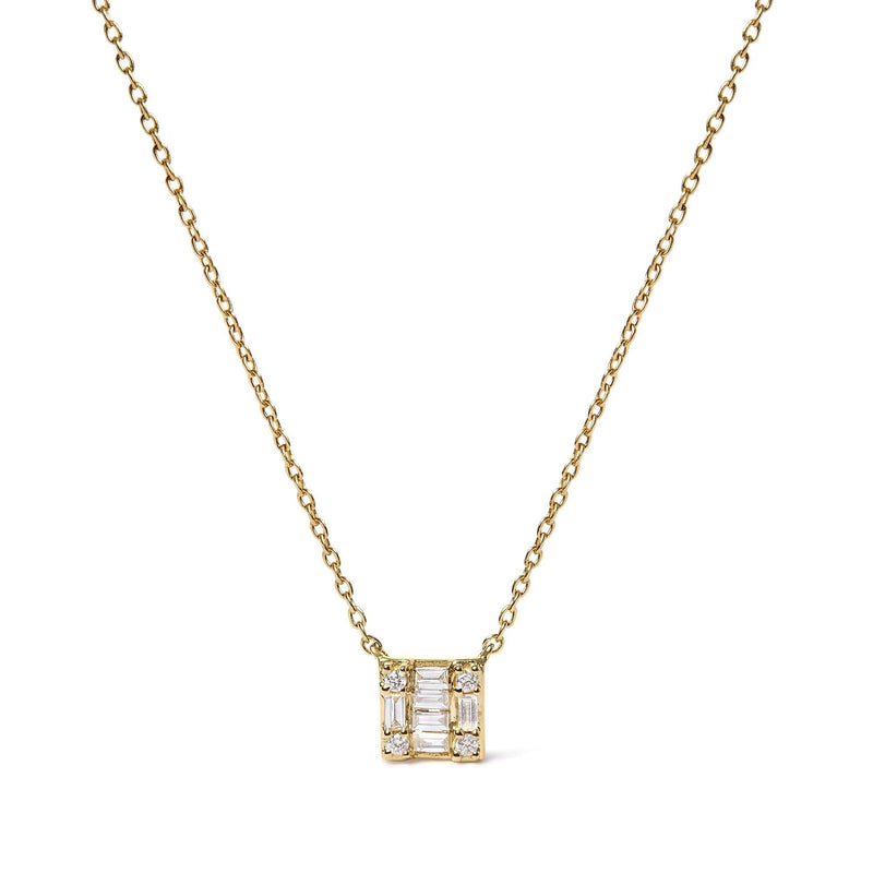 10K Yellow Gold 1/10 Cttw Round and Baguette Diamond Mosaic Composite Square 18 10K yellow gold necklace with round and baguette diamond mosaic pendant