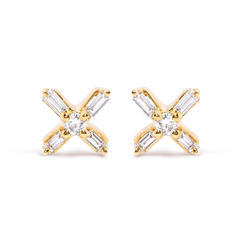 10K Yellow Gold 1/10 Cttw Round and Baguette Diamond Criss Cross X Stud Earring (H-I Color, I1-I2 Clarity) 10K yellow gold stud earrings with round and baguette diamond criss cross X design