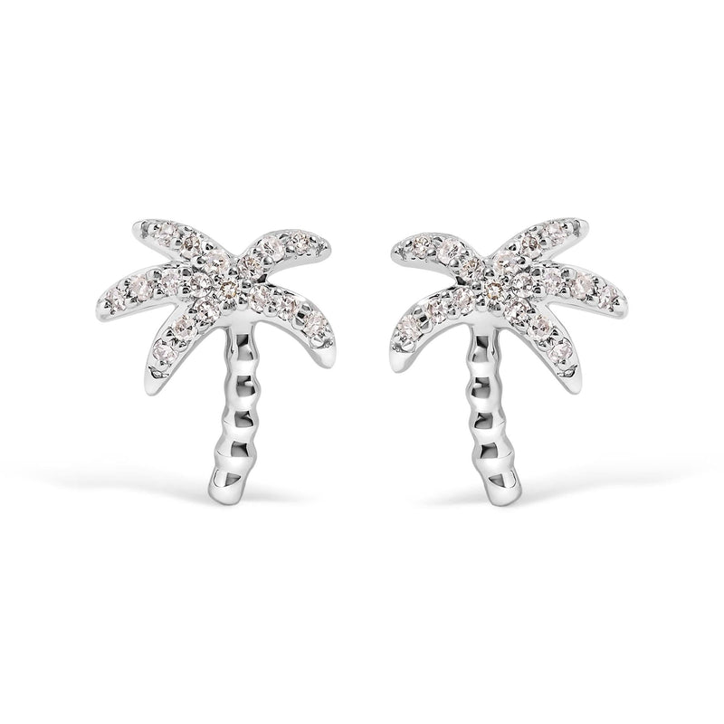 10K White Gold 1/10 Cttw Diamond Encrusted Palm Tree Stud Earrings (H-I Color, I1-I2 Clarity) 10K white gold palm tree stud earrings with round diamond stones