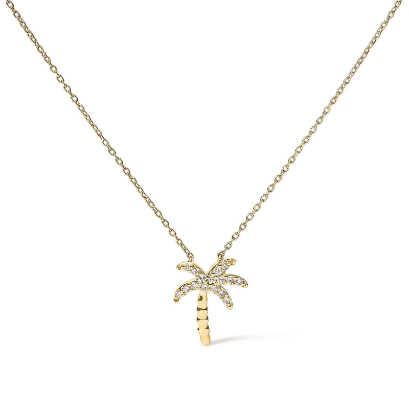 10K Yellow Gold 1/10 Cttw Round Diamond Palm Tree 18 10K yellow gold palm tree necklace with round diamond stones