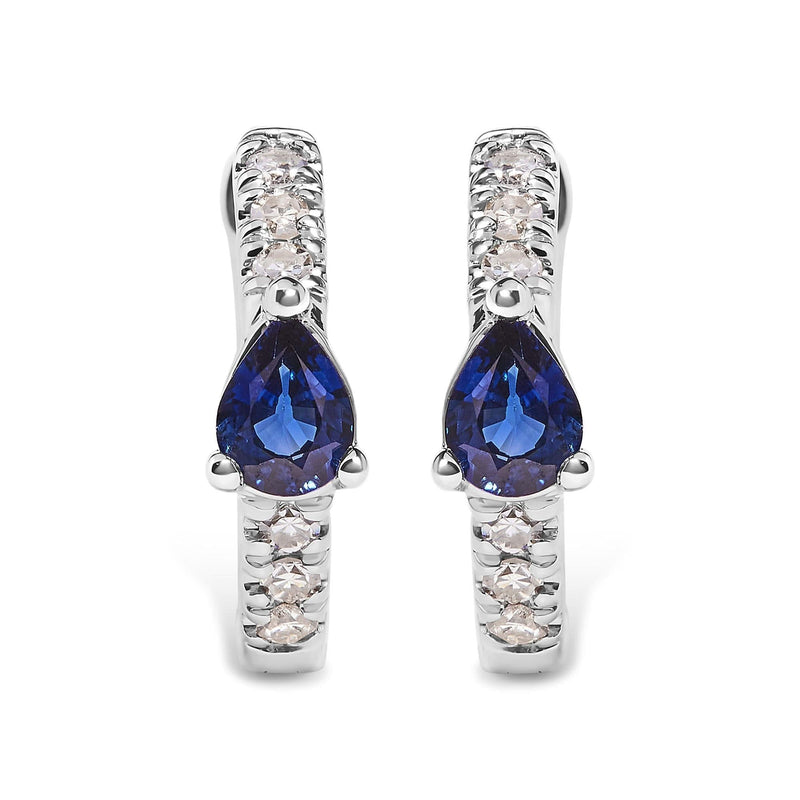 10K White Gold Pear Shaped Blue Sapphire and 1/10 Cttw Diamond Huggy Hoop Earrings (H-I Color, I1-I2 Clarity) 10K white gold huggy hoop earrings with pear blue sapphire and diamond stones