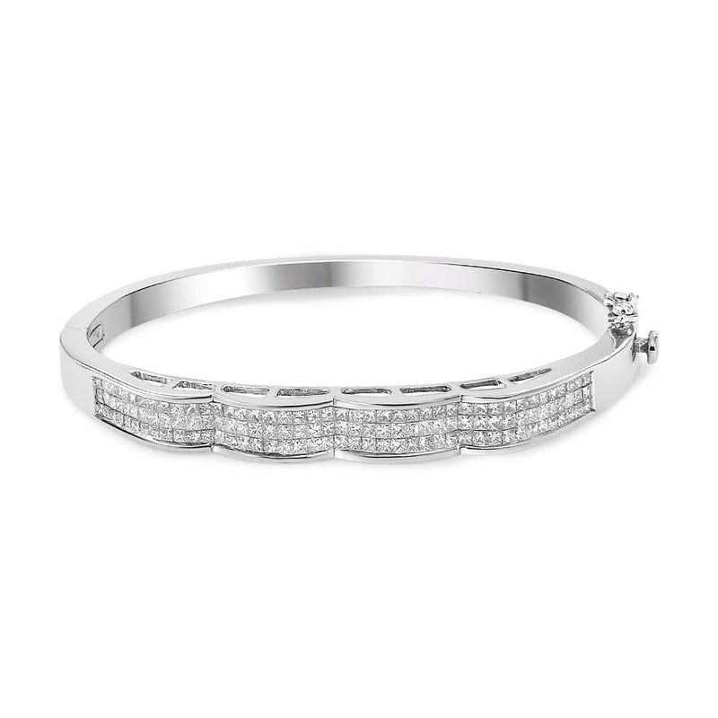 14K White Gold 3 1/3 Cttw Invisible Set Princess-Cut Diamond Wave Bangle Bracelet (H-I Color, SI1-SI2 Clarity) - Size 7 14K white gold bracelet with princess-cut diamond stones in invisible setting