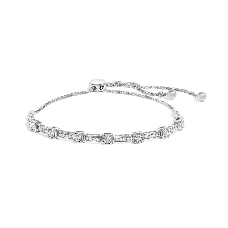 .925 Sterling Silver 1/4 Cttw Diamond 4”-10” Adjustable Bolo Alternating Square and Rectangle Bolo Bracelet (I-J Color, I3 Clarity) 925 sterling silver bolo bracelet with square and rectangle diamond links
