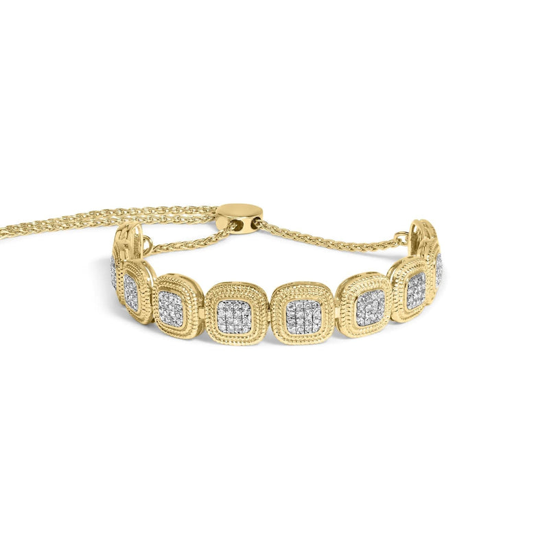 14k Yellow Gold Plated .925 Sterling 5/8 Cttw Diamond Composite Cushion Frame 4”-10” Adjustable Bolo Bracelet (G-H Color, I1-I2 Clarity) 14K yellow gold bracelet with cushion diamond composite clusters