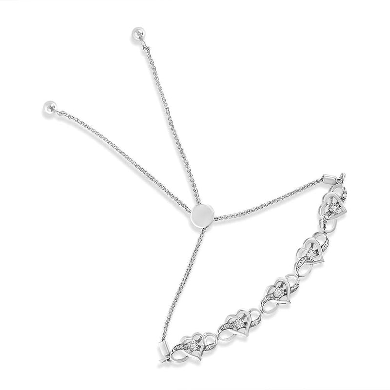 .925 Sterling Silver Miracle Set Diamond Accented Infinity Hearts 6”-9” Adjustable Bolo Bracelet (H-I Color, I2-I3 Clarity) 925 sterling silver bolo bracelet with heart-shape diamond accented infinity hearts