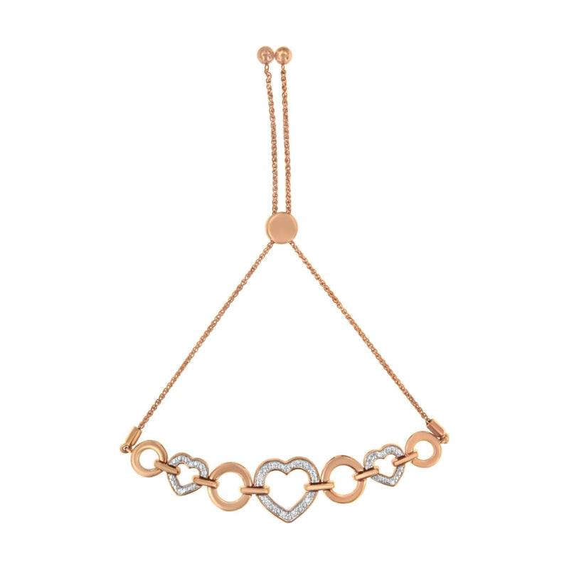 10K Rose Gold over .925 Sterling Silver 1/10 Cttw Round-Cut Diamond Heart Link Adjustable Bolo Bracelet (H-I Color, I2-I3 Clarity) - 6 10K rose gold heart link bolo bracelet with round diamond accent stones