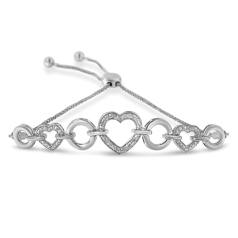 .925 Sterling Silver 1/10 Cttw Round-Cut Diamond Heart-Link Adjustable Bolo Bracelet ( H-I Color, I2-I3 Clarity) - 6 925 sterling silver heart-link bracelet with round diamond stones