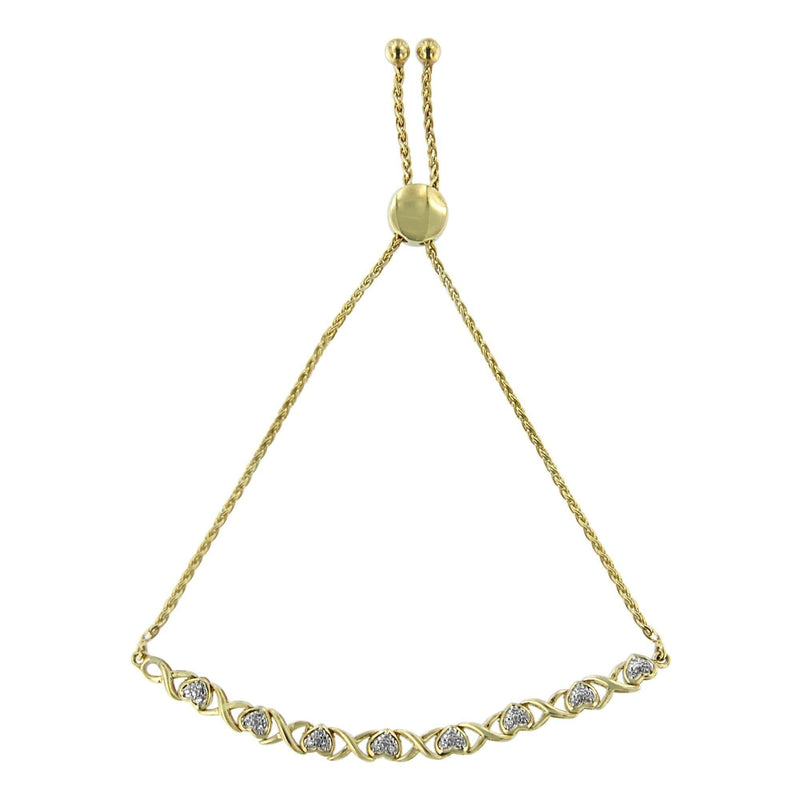 10K Yellow Gold over .925 Sterling Silver 1/10 Cttw Diamond Heart and X-Link 6”-9” Adjustable Bolo Bracelet (H-I Color, I2-I3 Clarity) 10K yellow gold bolo bracelet with heart diamond stones and X-links