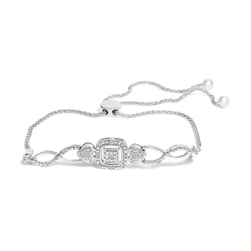 .925 Sterling Silver Diamond Cushion Frame Heart-Sides Twist 4”-10” Adjustable Bolo Tennis Bolo Bracelet (I-J Color, I3 Clarity) 925 sterling silver bolo bracelet with cushion diamond stones and heart sides