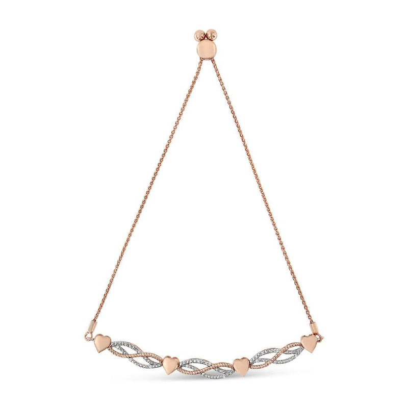 14K Rose Gold Plated .925 Sterling Silver Cttw Diamond Accent Layered Infinity Link and Heart Adjustable 4”-10” Adjustable Bolo Bracelet (I-J Color, I3 Clarity) 14K rose gold bracelet with heart diamond accents on infinity link chain