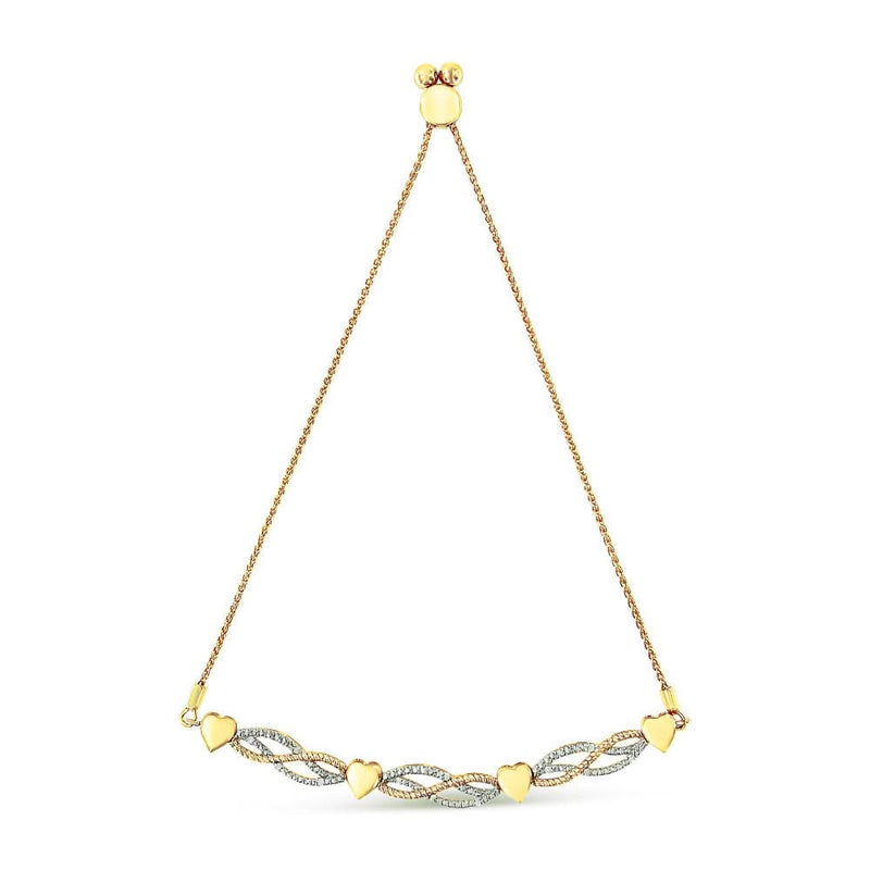 14K Yellow Gold Plated .925 Sterling Silver 1/10 Cttw Diamond Wave and Hearts Bolo Bracelet (I-J Color, I2-I3 Clarity) - 4 14K yellow gold bracelet with heart diamond stones on adjustable bolo chain