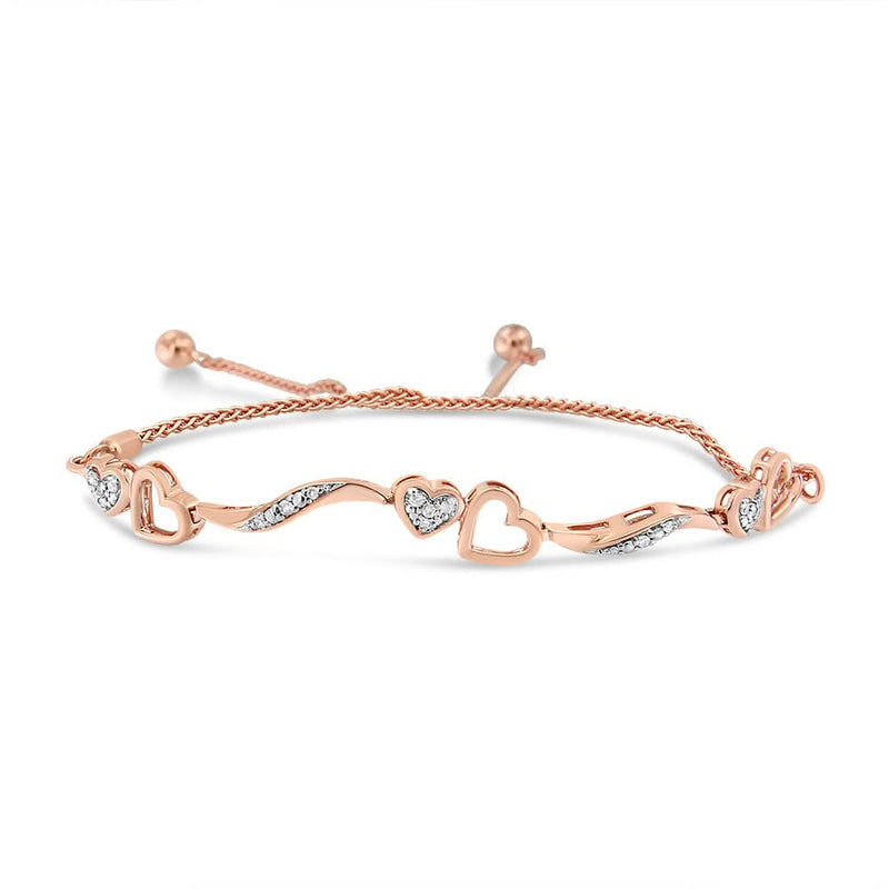.925 Sterling Silver 1/10 Cttw Diamond Wave and Hearts 4”-10” Adjustable Bolo Bracelet (I-J Color, I3 Clarity) .925 Sterling Silver 1/10 Cttw Diamond Wave and Hearts 4”-10” Adjustable Bolo Bracelet (I-J Color, I3 Clarity)-1