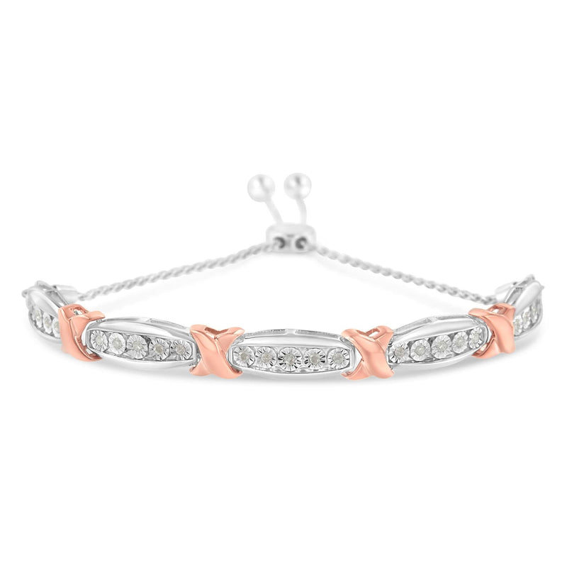 .925 Sterling Silver 1/4 Cttw Round-Cut Diamond X & Tapered Bar Miracle-Set Bolo Bracelet (I-J Color, I3 Clarity) - Two Tone Rose Gold & Silver 925 two-tone rose gold and silver bolo bracelet with round diamond stones