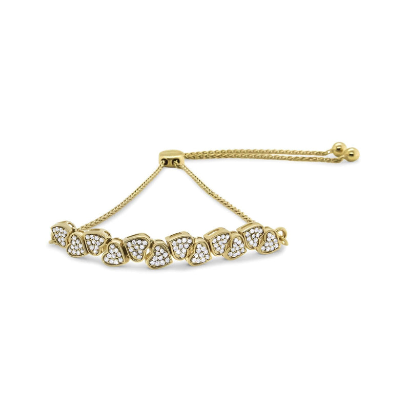 Yellow Gold Plated .925 Sterling Silver 1/2 Cttw Diamond Sideways Hearts Bolo Bracelet (H-I Color, I1-I2 Clarity) - 4”-10” Adjustable 925 yellow gold bracelet with heart diamond stones set sideways on adjustable chain