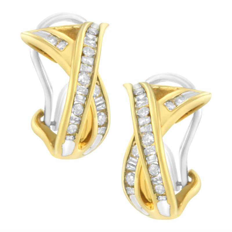 14K Yellow and White Gold 1/2 TDW 14K white gold hoop earrings with crossover round diamond stones