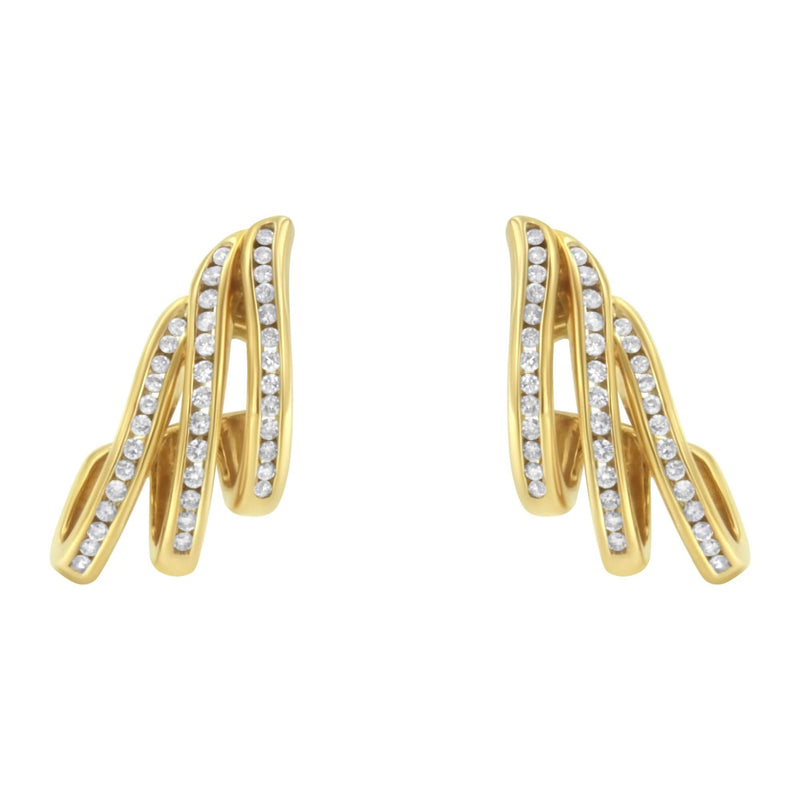 10K Yellow Gold 1.0 Cttw Round Brilliant Cut Diamond Spiral Multi Row Channel Set Open Hoop Pushback Stud Earrings (H-I Color, I1-I2 Clarity) 10K yellow gold hoop earrings with round diamond stones in channel rows