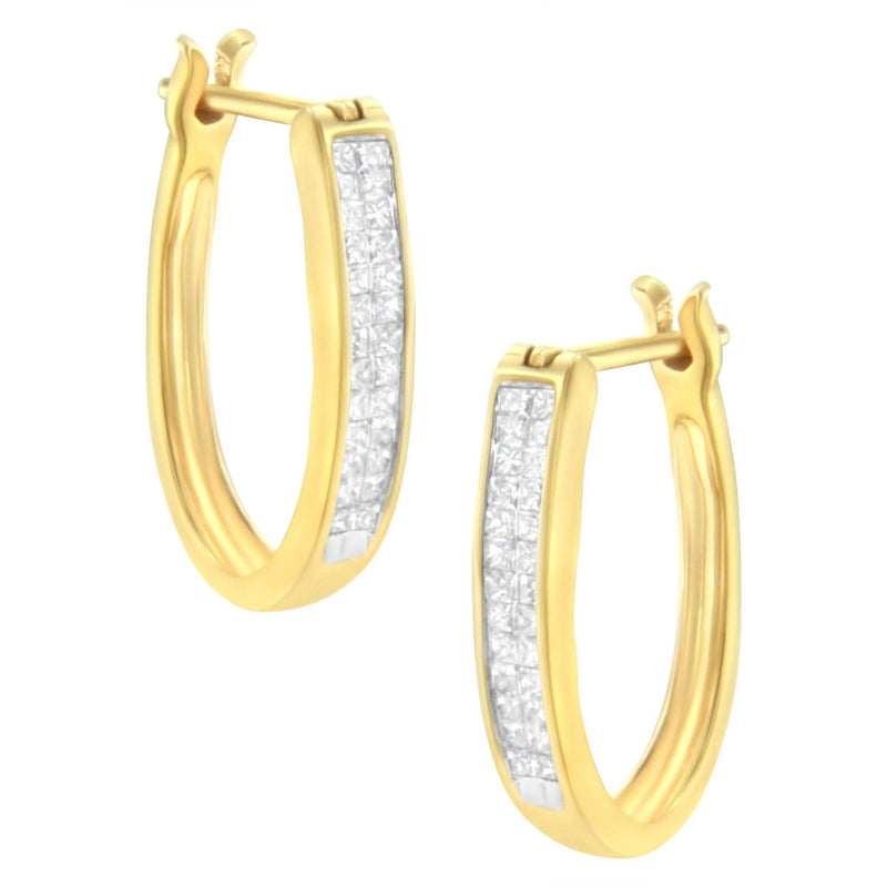 10K Yellow Gold 1/2 Cttw Invisible Set Princess-cut Diamond Hoop Earrings (H-I Color, SI2-I1 Clarity) 10K yellow gold hoop earrings with princess-cut invisible-set diamond stones