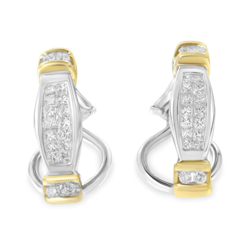 14K Two-Toned Gold Round and Princess Cut Diamond Earrings (0.5 cttw, H-I Color, SI2-I1 Clarity) 14K two-tone gold earrings with round and princess cut diamond stones