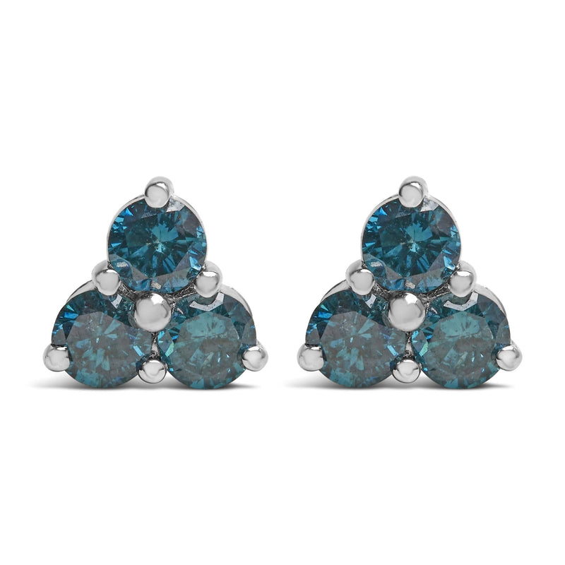 14KT White Gold Treated Blue Diamond Trio Stud Earrings (1 1/3 cttw, Blue) 14K white gold stud earrings with three round blue diamond stones