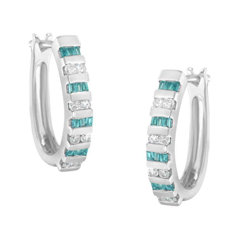10k White Gold Round and Blue Baguette Diamond Hoop Earrings (0.50 cttw, I-J Color, I2-I3 Clarity) 10K white gold hoop earrings with round and blue baguette diamond stones