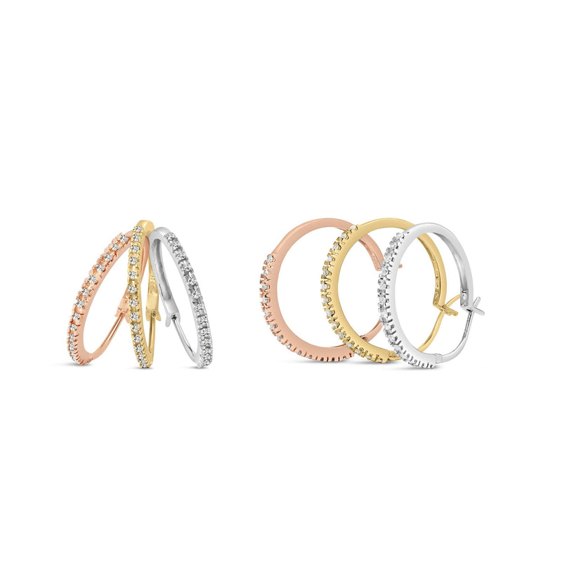 14K Tri-Toned Gold 1/3 Cttw Diamond Triple Hoop Earrings (I-J Color, I2-I3 Clarity) - 22 MM 14K tri-toned gold triple hoop earrings with round diamond stones