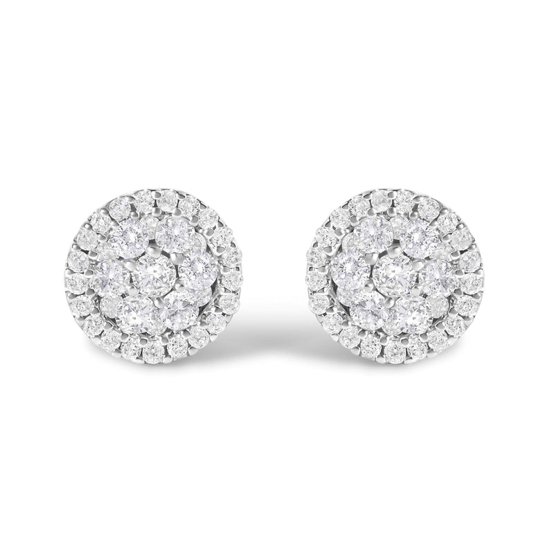 AGS Certified 14K White Gold 1.0 Cttw Brilliant-Cut Diamond Halo-Style Cluster Round Button Stud Earrings (G-H Color, I1-I2 Clarity) 14K white gold ring with round diamond stones in a halo cluster setting