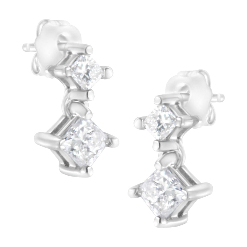 14K White Gold 3/4 cttw Double Diamond Princess-Cut Stud Earrings (I-J Clarity, I2-I3 Color) 14K white gold ring with two princess-cut diamond stones