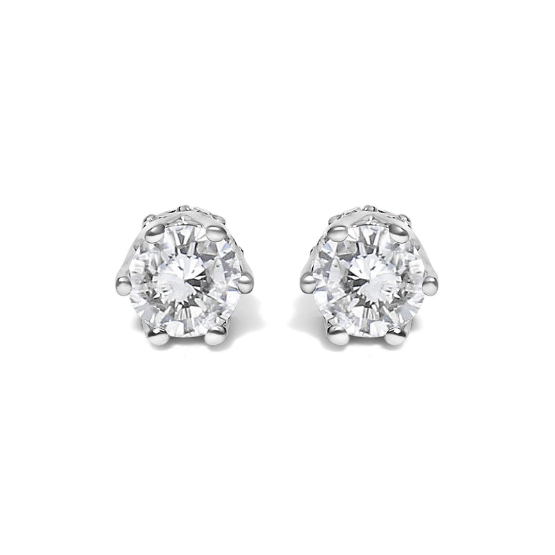 14K White Gold 1/2 Cttw Round Diamond 6 Prong Crown Stud Earrings (I-J Color, I1-I2 Clarity) 14K white gold stud earrings with 2 round diamond stones in crown prong setting